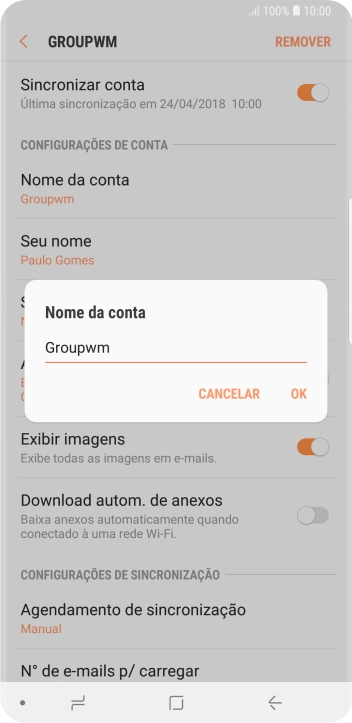 Digite o nome da conta de e-mail, e pressione OK. Digite o nome da conta de e-mail, e pressione OK.