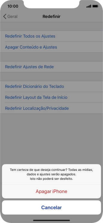 Pressione Apagar iPhone. Aguarde um instante, enquanto o celular restaura as configurações padrão. Siga as indicações da tela para configurar o celular, e deixá-lo pronto para o uso. Pressione Apagar iPhone. Aguarde um instante, enquanto o celular restaura as configurações padrão. Siga as indicações da tela para configurar o celular, e deixá-lo pronto para o uso.