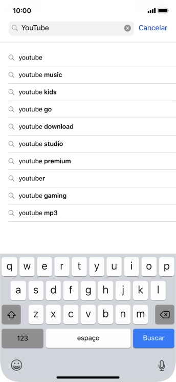 Digite YouTube, e pressione Buscar. Digite YouTube, e pressione Buscar.