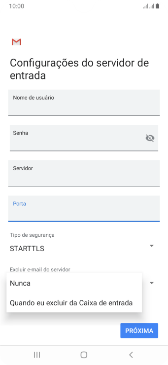 Pressione Nunca para manter os e-mails no servidor, quando você apagá-los do celular. Pressione Nunca para manter os e-mails no servidor, quando você apagá-los do celular.
