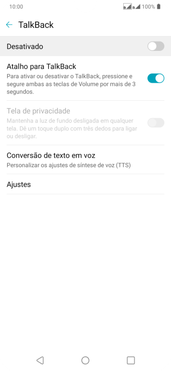 Pressione Conversão de texto em voz, e siga as indicações da tela para configurar a velocidade e o tom de voz. Pressione Conversão de texto em voz, e siga as indicações da tela para configurar a velocidade e o tom de voz.