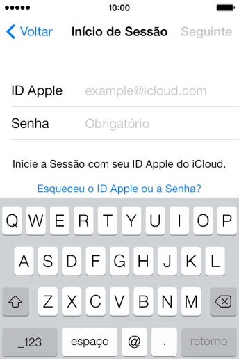 Pressione ID Apple, e digite o nome de usuário do seu ID Apple. Pressione ID Apple, e digite o nome de usuário do seu ID Apple.