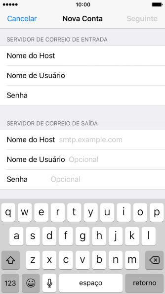 Pressione Nome do Host, e insira o nome do servidor de saída do seu provedor de e-mails. Pressione Nome do Host, e insira o nome do servidor de saída do seu provedor de e-mails.