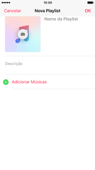Pressione o campo de escrever, e digite o nome da lista de reprodução. Pressione o campo de escrever, e digite o nome da lista de reprodução.