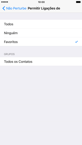 Pressione a configuração desejada para selecionar quais contatos podem ligar para você quando o Não Perturbe estiver ativado. Pressione a configuração desejada para selecionar quais contatos podem ligar para você quando o Não Perturbe estiver ativado.