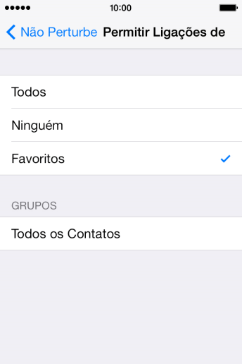 Pressione a configuração desejada para selecionar quais contatos podem ligar para você quando o Não Perturbe estiver ativado. Pressione a configuração desejada para selecionar quais contatos podem ligar para você quando o Não Perturbe estiver ativado.