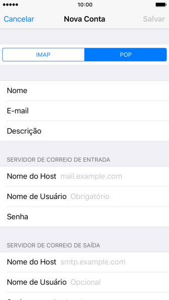 Pressione Nome do Host, e insira o nome do servidor de entrada do seu provedor de e-mails. Pressione Nome do Host, e insira o nome do servidor de entrada do seu provedor de e-mails.