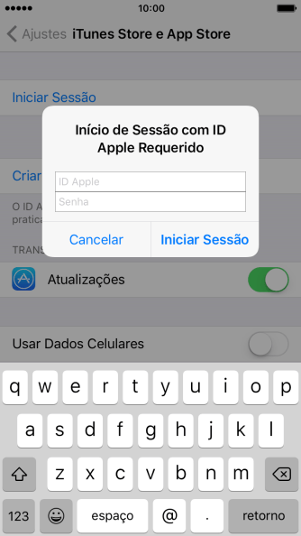 Pressione ID Apple, e digite o nome de usuário do seu ID Apple. Pressione ID Apple, e digite o nome de usuário do seu ID Apple.
