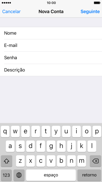 Pressione Descrição e digite a senha da sua conta e-mail. Pressione Descrição e digite a senha da sua conta e-mail.