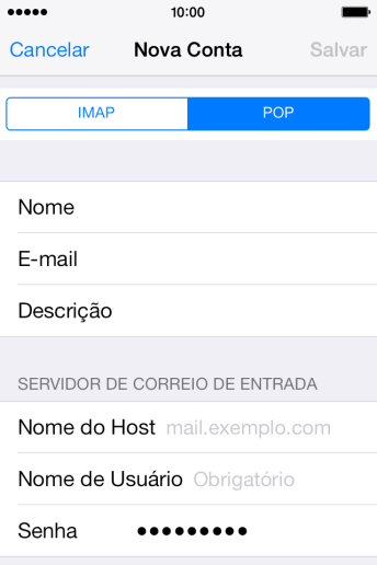 Pressione Nome do Host, e insira o nome do servidor de entrada do seu provedor de e-mails. Pressione Nome do Host, e insira o nome do servidor de entrada do seu provedor de e-mails.