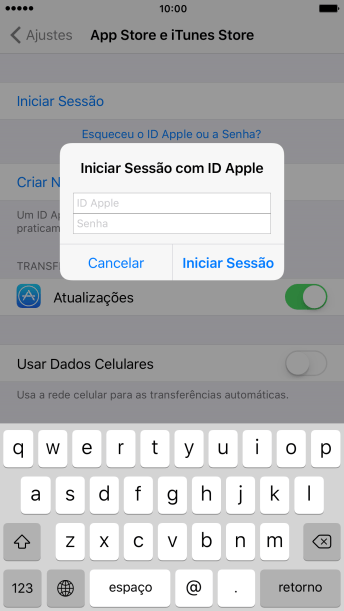 Pressione ID Apple, e digite o nome de usuário do seu ID Apple. Pressione ID Apple, e digite o nome de usuário do seu ID Apple.