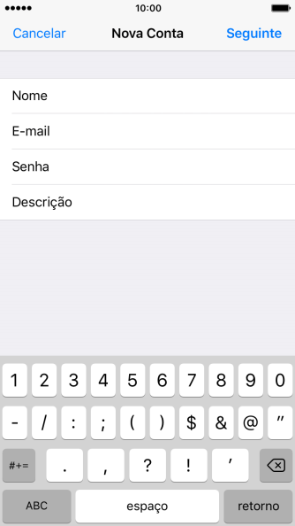 Pressione Descrição, e digite o nome da conta de e-mail. Pressione Descrição, e digite o nome da conta de e-mail.