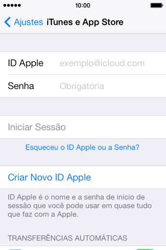 Pressione ID Apple, e digite o nome de usuário do seu ID Apple. Pressione ID Apple, e digite o nome de usuário do seu ID Apple.