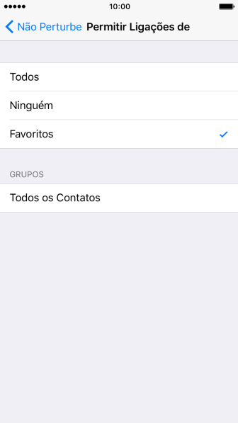 Pressione a configuração desejada para selecionar quais contatos podem ligar para você quando o Não Perturbe estiver ativado. Pressione a configuração desejada para selecionar quais contatos podem ligar para você quando o Não Perturbe estiver ativado.