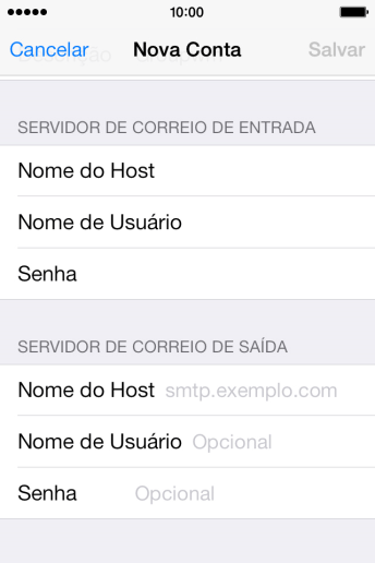 Pressione Nome do Host, e insira o nome do servidor de saída do seu provedor de e-mails. Pressione Nome do Host, e insira o nome do servidor de saída do seu provedor de e-mails.