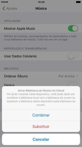 Pressione Combinar para unir a biblioteca de música do celular com a biblioteca de música do iCloud. Pressione Combinar para unir a biblioteca de música do celular com a biblioteca de música do iCloud.