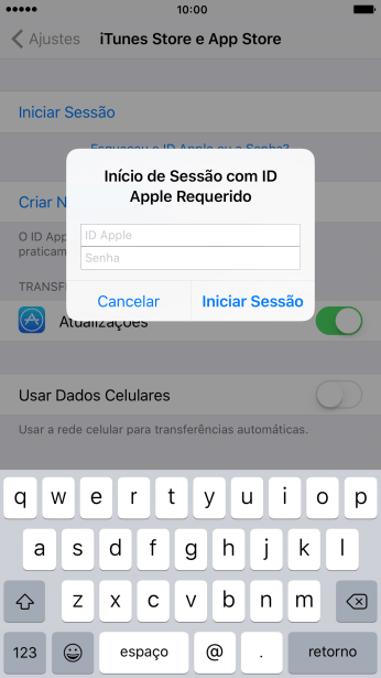 Pressione ID Apple, e digite o nome de usuário do seu ID Apple. Pressione ID Apple, e digite o nome de usuário do seu ID Apple.
