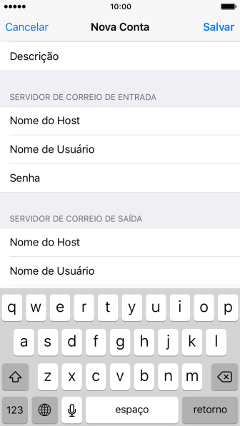Pressione Nome do Host, e insira o nome do servidor de saída do seu provedor de e-mails. Pressione Nome do Host, e insira o nome do servidor de saída do seu provedor de e-mails.