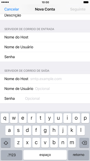 Pressione Nome do Host, e insira o nome do servidor de saída do seu provedor de e-mails. Pressione Nome do Host, e insira o nome do servidor de saída do seu provedor de e-mails.