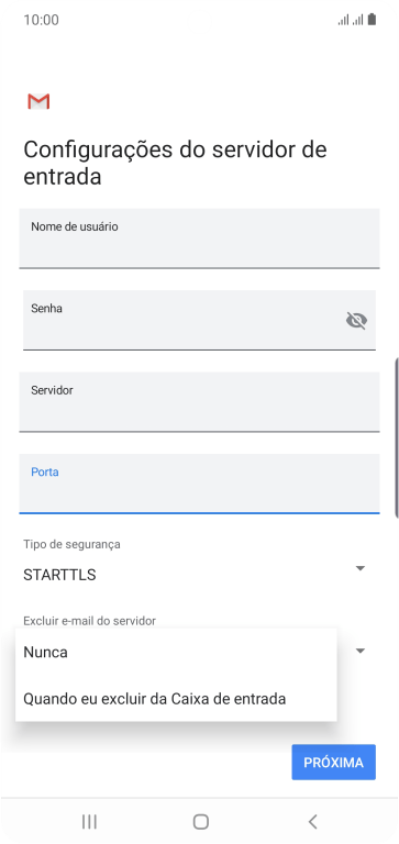 Pressione Nunca para manter os e-mails no servidor, quando você apagá-los do celular. Pressione Nunca para manter os e-mails no servidor, quando você apagá-los do celular.