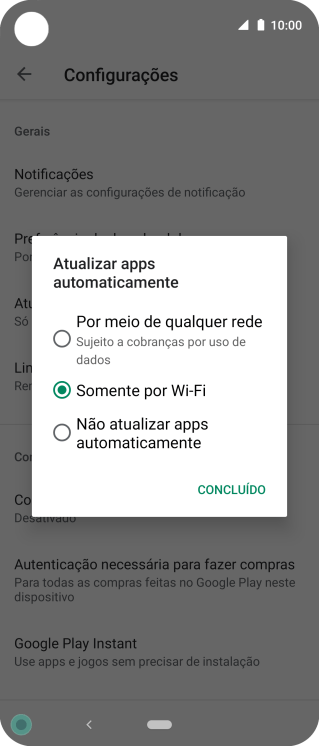 Para ativar a atualização automática de apps via rede celular, você deve pressionar Por meio de qualquer rede. Para ativar a atualização automática de apps via rede celular, você deve pressionar Por meio de qualquer rede.