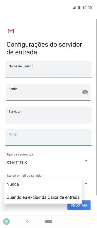 Pressione Nunca para manter os e-mails no servidor, quando você apagá-los do celular. Pressione Nunca para manter os e-mails no servidor, quando você apagá-los do celular.