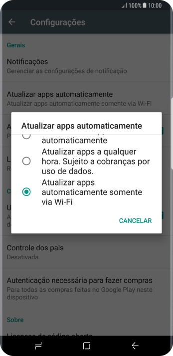 Para ativar a atualização automática de apps via Wi-Fi, você deve pressionar Atualizar apps automaticamente somente via Wi-Fi. Para ativar a atualização automática de apps via Wi-Fi, você deve pressionar Atualizar apps automaticamente somente via Wi-Fi.