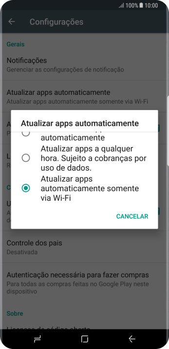 Para ativar a atualização automática de apps via Wi-Fi, você deve pressionar Atualizar apps automaticamente somente via Wi-Fi. Para ativar a atualização automática de apps via Wi-Fi, você deve pressionar Atualizar apps automaticamente somente via Wi-Fi.