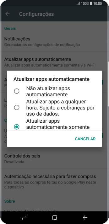 Para desativar a atualização automática de apps, você deve pressionar Não atualizar apps automaticamente. Para desativar a atualização automática de apps, você deve pressionar Não atualizar apps automaticamente.