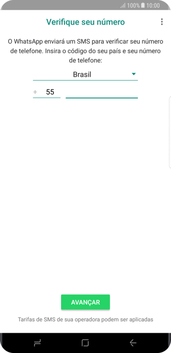 Pressione AVANÇAR. Aguarde até que o celular receba uma SMS para confirmar seu número de telefone. Pressione AVANÇAR. Aguarde até que o celular receba uma SMS para confirmar seu número de telefone.