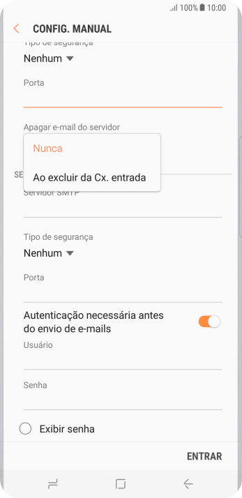 Pressione Nunca para manter os e-mails no servidor, quando você apagá-los do celular. Pressione Nunca para manter os e-mails no servidor, quando você apagá-los do celular.