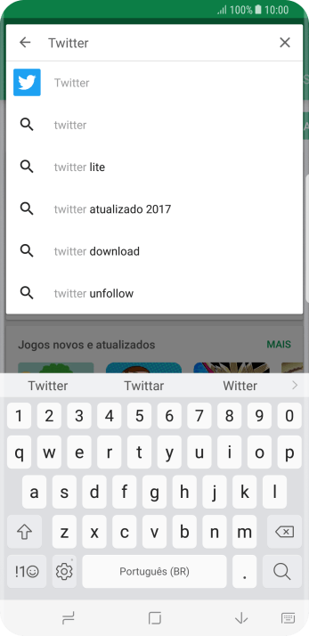 Digite Twitter e pressione o ícone de busca. Digite Twitter e pressione o ícone de busca.