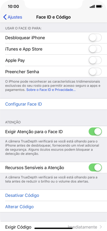 Pressione Desativar Código, e digite o código de bloqueio do celular. Pressione Desativar Código, e digite o código de bloqueio do celular.