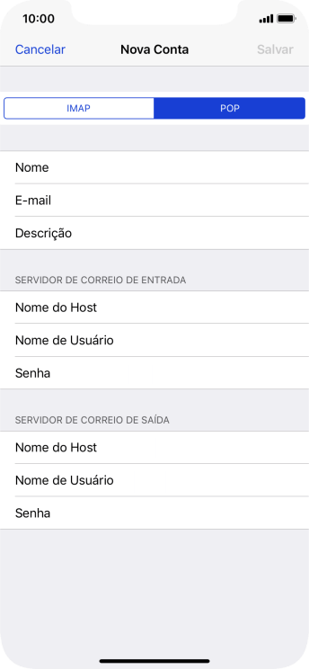 Pressione Nome do Host, e insira o nome do servidor de entrada do seu provedor de e-mails. Pressione Nome do Host, e insira o nome do servidor de entrada do seu provedor de e-mails.
