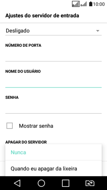 Pressione Nunca para manter os e-mails no servidor, quando você apagá-los do celular. Pressione Nunca para manter os e-mails no servidor, quando você apagá-los do celular.