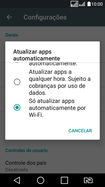 Para ativar a atualização automática de apps via rede celular, você deve pressionar Atualizar apps a qualquer hora. Sujeito a cobranças por uso de dados.. Para ativar a atualização automática de apps via rede celular, você deve pressionar Atualizar apps a qualquer hora. Sujeito a cobranças por uso de dados..