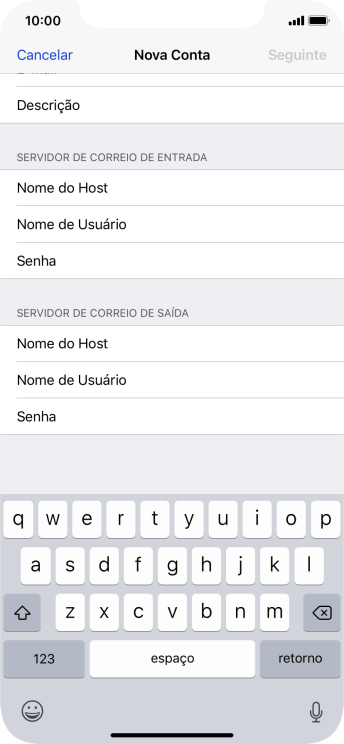 Pressione Nome do Host, e insira o nome do servidor de saída do seu provedor de e-mails. Pressione Nome do Host, e insira o nome do servidor de saída do seu provedor de e-mails.