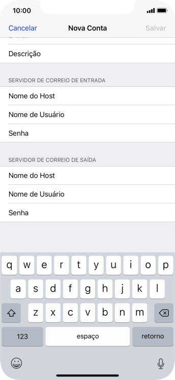 Pressione Nome do Host, e insira o nome do servidor de saída do seu provedor de e-mails. Pressione Nome do Host, e insira o nome do servidor de saída do seu provedor de e-mails.