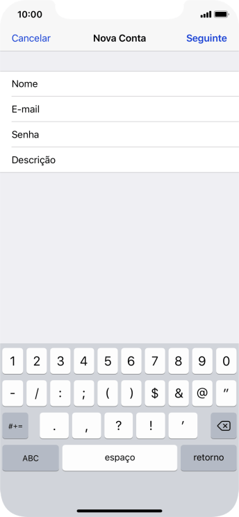 Pressione Descrição, e digite o nome da conta de e-mail. Pressione Descrição, e digite o nome da conta de e-mail.