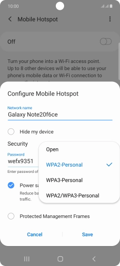 Press WPA2-Personal to password protect your Wi-Fi hotspot. Press WPA2-Personal to password protect your Wi-Fi hotspot.