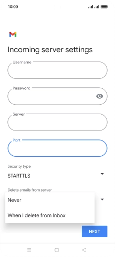 Press Never to keep email on the server when you delete them on your phone. Press Never to keep email on the server when you delete them on your phone.