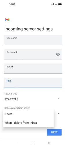 Press Never to keep email on the server when you delete them on your phone. Press Never to keep email on the server when you delete them on your phone.