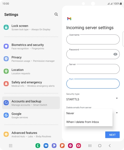 Press Never to keep email on the server when you delete them on your phone. Press Never to keep email on the server when you delete them on your phone.