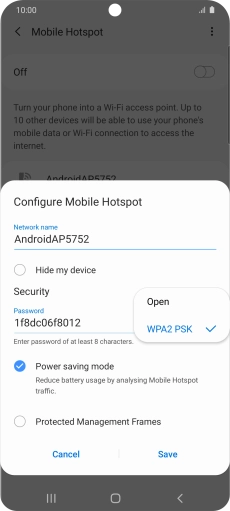 Press WPA2 PSK to password protect your Wi-Fi hotspot. Press WPA2 PSK to password protect your Wi-Fi hotspot.