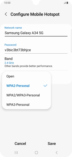 Press WPA3-Personal to password protect your Wi-Fi hotspot. Press WPA3-Personal to password protect your Wi-Fi hotspot.