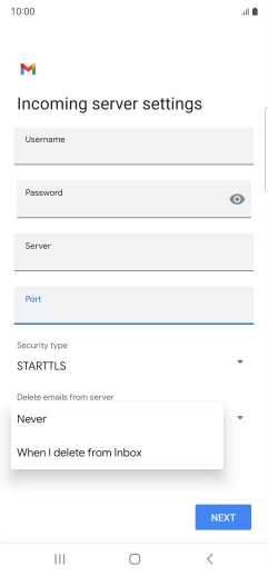 Press Never to keep email on the server when you delete them on your phone. Press Never to keep email on the server when you delete them on your phone.