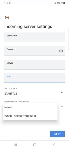 Press Never to keep email on the server when you delete them on your phone. Press Never to keep email on the server when you delete them on your phone.