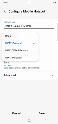 Press WPA3-Personal to password protect your Wi-Fi hotspot. Press WPA3-Personal to password protect your Wi-Fi hotspot.