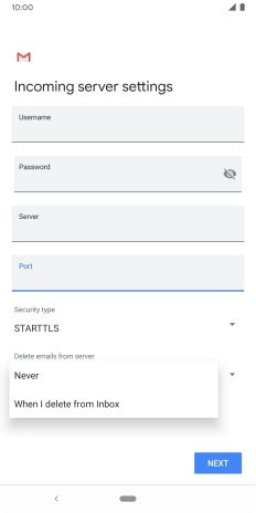 Press Never to keep email on the server when you delete them on your phone. Press Never to keep email on the server when you delete them on your phone.