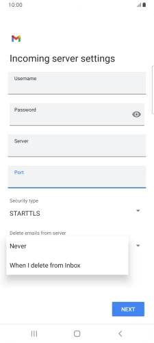 Press Never to keep email on the server when you delete them on your phone. Press Never to keep email on the server when you delete them on your phone.